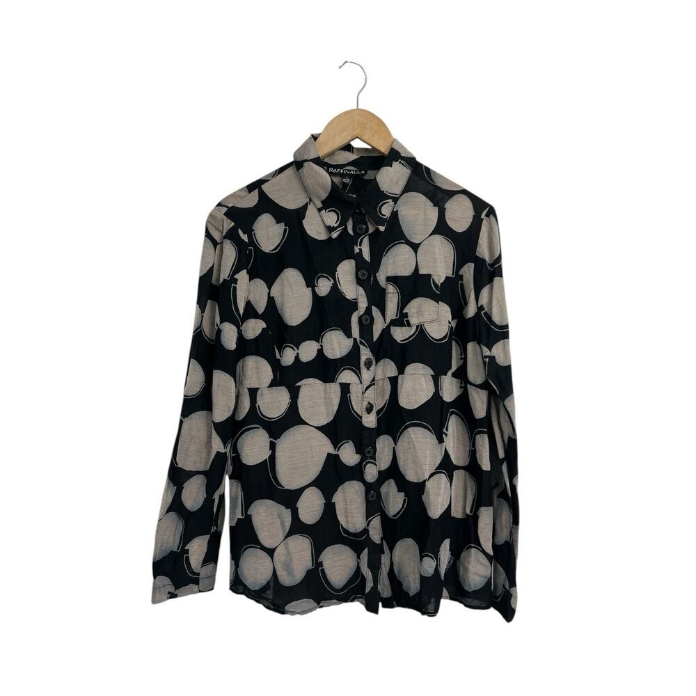 Raffinalla Black Abstract Circle Print Linen Blend Button Down Size 10 Lagenlook